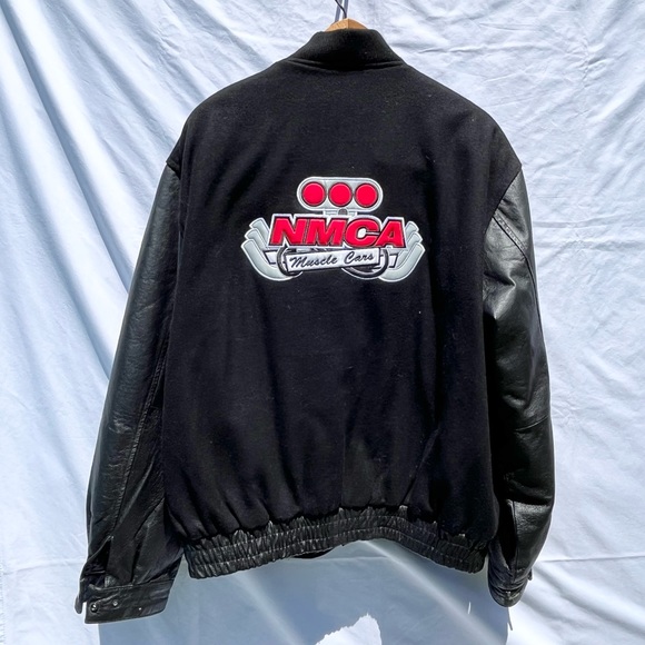 Vintage NMCA Muscle Car Leather & Wool Black Bomber Varsity Coat Jacket Size XL
